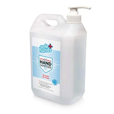 Image of Safe Hands Hand Sanitiser Gel with Dispenser Pump 70% Alcohol 5 litre Antibacterial &amp; Antiviral Sanitizer Fully Certified Contains Moisturisers Frequent Use Refill