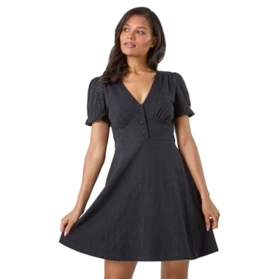 Image of Roman Originals Embroidered Cotton Stretch Jersey Frill Dress for Women UK Ladies Everyday Holiday Spring Summer V Neckline Comfy Soft Evening Vacation Work Party Black Size 18