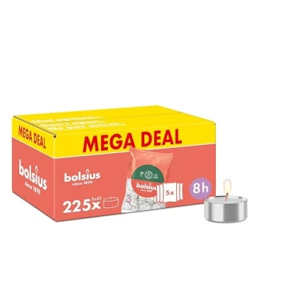 Image of Bolsius Bulk Pack Tea Lights 225 Pieces 8 Burning Hours White Contains Natural Plant Wax Length Time Decorative Household Candles Without Palm Oil