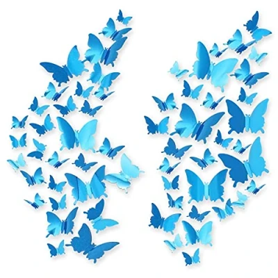 Image of 60pcs Butterfly Wall Stickers 3D, CAYUDEN Blue Paper Mirror 3D DIY Decorations 3 Sizes Decal for Window Wedding Party Cake Decoration