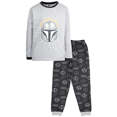 Image of Star Wars Kids Pyjamas Grey &amp; Black Long Sleeve With Mandalorian 100% Cotton Sleepwear Official Merchandise 11/12 Years