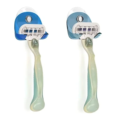 Image of kwmobile 2X Razor Holder with Suction Cup Self Adhesive Shaver Wall Mount Bathroom Organizer for Glass and Tiles Blue/Light Blue