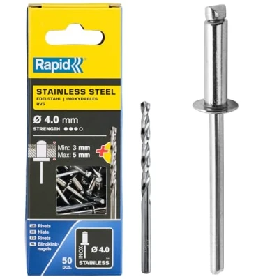Image of Rapid High Performance Stainless Steel Rivets, Ø4 x 6 mm 4mm Rivets for License plates, Mudguards, Metal Coverings, and Sheet Includes Drill 50 Pieces, Boxed (5001460)