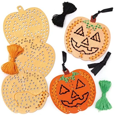 Image of Baker Ross AX248 Pumpkin Wooden Cross Stitch Decoration Kits Pack of 5, Halloween Decorations for Kids to Make and Display, Ideal Arts Crafts Project
