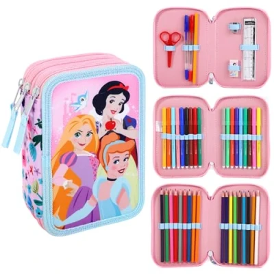 Image of Disney Princess 3 Tier Large Pencil Case Multi Compartment School Supplies Stationery Colouring Pens Pencils Sets