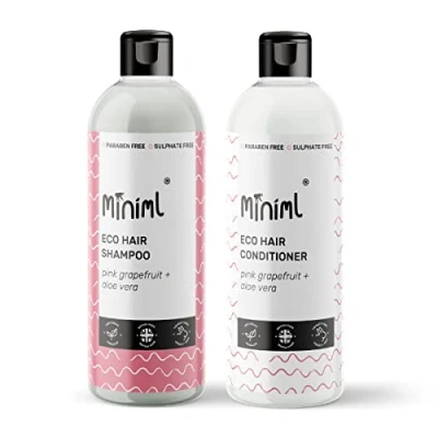 Image of Miniml Natural Hair Shampoo &amp; Conditioner Eco Friendly 2 x 500ml Pink Grapefruit Aloe Vera Men and Womens Sensitive Scalp Skin Cruelty Free Vegan For Greasy, Curly Dry