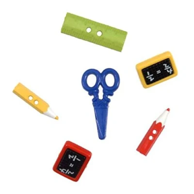Image of Groves Novelty Small Craft Buttons, School pencils learning scissors, Pack of 6