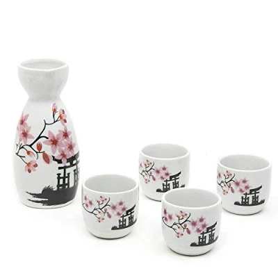 Image of Sake Set Japanese Pot Traditional Cup Hand Painted Design Porcelain Pottery Ceramic Crafts Wine Glasses Saki Cups 5 Piece (Cherry Blossoms New)