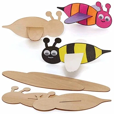 Image of Baker Ross FC801 Bumble Bee Wooden Gliders Pack of 8, Wood Crafts kits for Kids, Colouring Kids