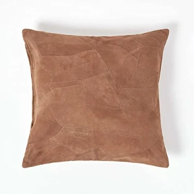 Image of HOMESCAPES Recycled Leather Cushion Cover 45 x cm Square 18 Inches Tan Brown Suede Sofa with Patchwork Pattern