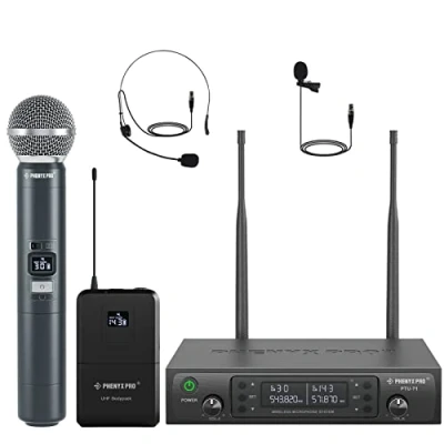 Image of Phenyx Pro Wireless Microphone System, Dual Mic Set with Handheld/Bodypack/Lapel Mics,2x100 UHF Channels,328ft Range,for Singing,Church(PTU 71 1H1B)