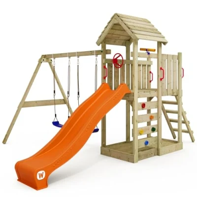 Image of WICKEY wooden climbing frame MultiFlyer with roof, swing set &amp; orange slide, Outdoor kids playhouse sandpit, ladder play accessories for the garden