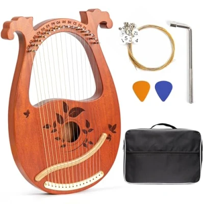 Image of INKNOTE Lyre Harp, 16 Metal Strings Mahogany Harp with Tuning Wrench, Pcs Spare String Set, Manual, Picks, Black Gig Bag for Instrument Kids Adult Professional Beginner Music Lovers Gift