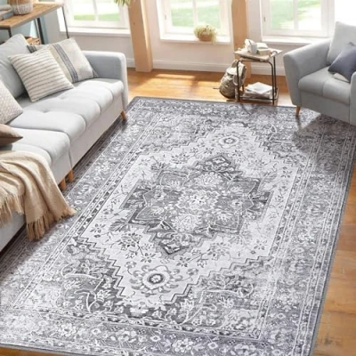 Image of LuxFocus Area Rug 120 x 170 cm, Washable Bedroom Rug, Soft Oriental Distressed Accent Rugs for Living Room Dining Room, Non Slip Shedding Low Pile Entryway Floor Carpet, Grey