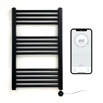 Image of Greened House Matt Black Electric Smart WiFi Controlled Heated Towel Rail 500mm W x 800mm H 7 Day Programmable Timer App Compatibility