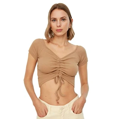 Image of Trendyol Women Fitted Smock Dress V Neck Knit Blouse