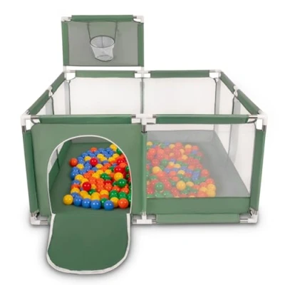 Image of Selonis Square Play Pen Filed with 100 Balls Basketball, Green:Yellow/Green/Blue/Red/Orange