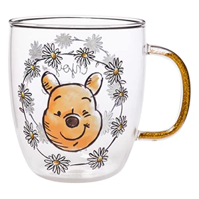 Image of Silver Buffalo Disney Winnie The Pooh Enjoy Little Things Glitter Handle Glass Mug, 14 Ounces