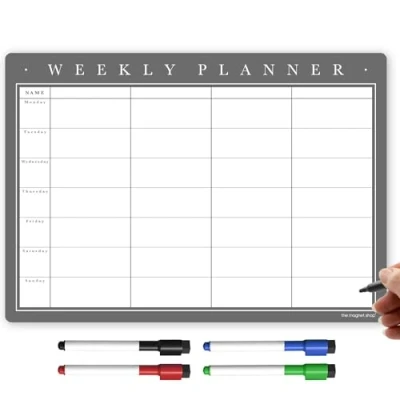 Image of TMS A3 Magnetic Weekly Planner and Whiteboard, Fridge Memo Board for Meal Planning, Family or Business Tasks with 4 Dry Wipe Pens (Classic Grey, A3)