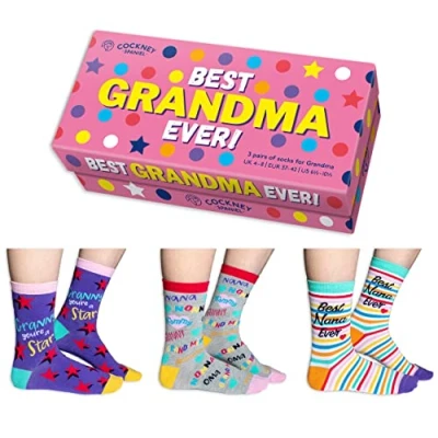 Image of Cockney Spaniel 3 Pairs of Women&#039;s Novelty Crew Socks, Size: UK 4 8 (EUR 37 42), Fun and Quirky Gift for Women (UK, Alpha, One Size, Regular, Best Grandma)