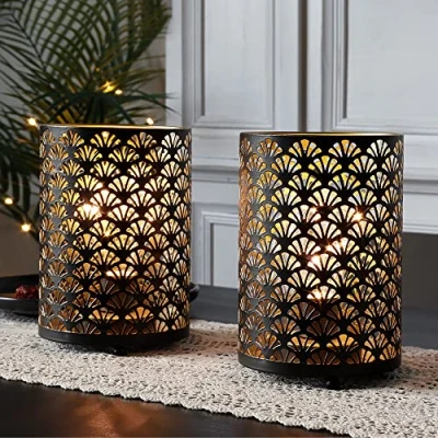 Image of TRIROCKS Set of 2 Battery Operated Lamp 12cm x 16cm Metal Cordless Table Bronze Lanterns with Warm Lights Bulb for Patio Wedding Parties Indoor Outdoor (Scalloped Hollow Pattern)