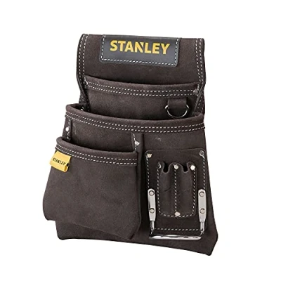 Image of STANLEY Leather Tool Pouch, Double Pocket Storage Organiser, Hammer Loop, STST1 80114, Dark Brown