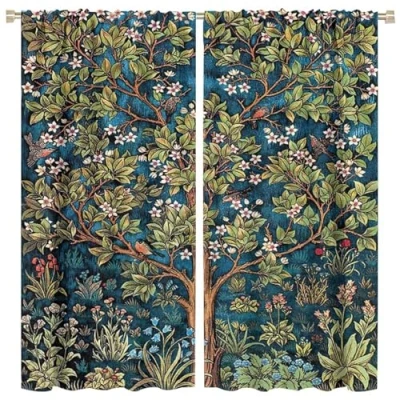 Image of SXXLDNG William Morris Curtains,Retro Woodpecker Floral Flowers Print Window Drapes for Woman Living Room Bedroom Decoration Thermal Insulated Curtains Home Decor,2 Panels,84x84 Inch Blackout