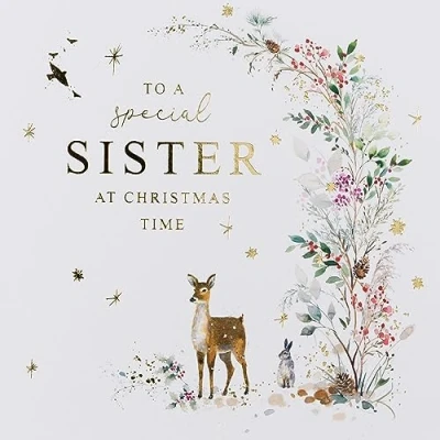 Image of Paperlink Special Sister Christmas Card Deer, Hare and Winter Garland with Foil Details Eco Friendly Recyclable, 155 x 155mm, White, Gold, Brown, Green