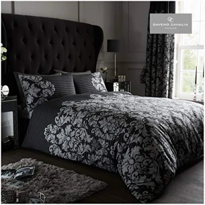 Image of GC GAVENO CAVAILIA Comfy EMPIRE DAMASK Bed Set with Duvet Cover and Pillow Cases, Polyester Cotton, Black, Super King