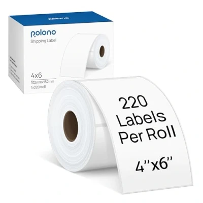 Image of POLONO 4&#039;&#039;x6&#039;&#039;(100mmx150mm) Direct Thermal Labels, 220 Labels/Roll Compatible with Brother, PL60, Zebra, MUNBYN, JADENS, Rollo, Strong Permanent Adhesive &amp; Perforated, Commercial Grade