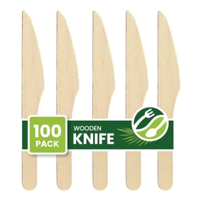 Image of Eco Leaf Disposable Wooden Knives Pack of 100, 16cm, Biodegradable &amp; Compostable, Friendly Cutlery Set for Weddings, Picnics, BBQs, Parties, Catering Outdoor Dining