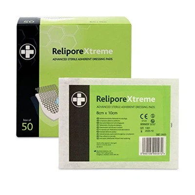 Image of Reliance Medical Sterile Relipore Xtreme Adhesive Dressing Pads for High Exudate Wounds with Unique Absorbency Technology, 10 cm x 8 cm, Box of 50