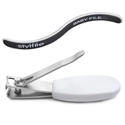 Image of STYLFILE Nipper Clipper with Safety Spy Hole &amp; Curved Baby S File Stainless Steel Toddler Manicure Set Designed for Infants Tiny Nails White