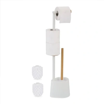 Image of Relaxdays WC Set, Bamboo, Stainless Steel, Free Standing, 2 Spare Heads, Toilet Roll &amp; Brush Holder, White, 66.5 x 16 11 cm