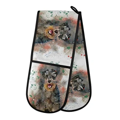 Image of Double Oven Glove Mitts Heat Resistant Pot Holders for Home Kitchen Cooking Baking Outdoor BBQ (Art Dog)