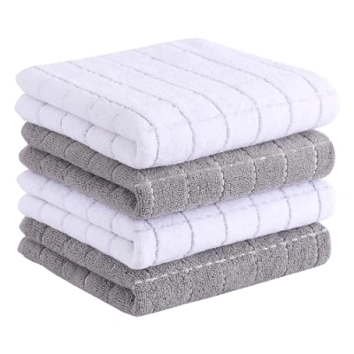 Image of Homaxy 100% Cotton Terry Kitchen Towels(White and Light Grey, 13 x 28 Inches), Checkered Designed, Soft Super Absorbent Dish Towels, 4 Pack