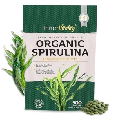 Image of Organic Spirulina 500x Pure Easy to Swallow Tablets Rich in Essential Vitamins &amp; Minerals by Inner Vitality