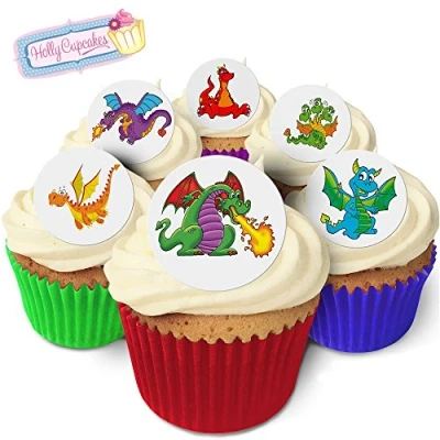 Image of 24 Edible Pre Cut Wafer Round Cake Toppers: Dragons