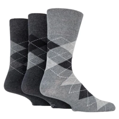Image of Mens 3 Pair Gentle Grip Argyle Cotton Socks Black / Charcoal 6 11