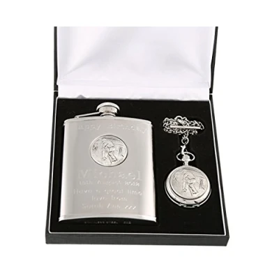 Image of Engraved 90th Birthday Pewter Cricket Feature Mother of Pearl Pocket Watch and Hip Flask Gift Set
