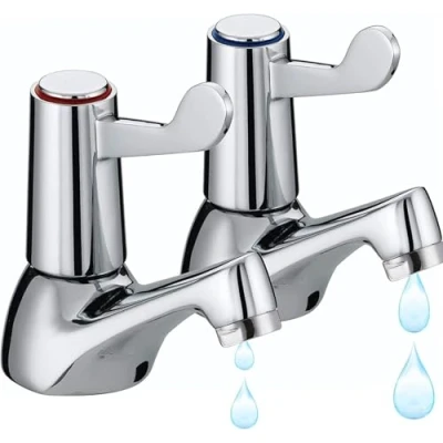 Image of Chrome Lever Basin Taps, Pair of Bathroom Sink Taps for Basin, Hot and Cold Water, Brass Pillar Set Kitchen Use, ¼ Turn