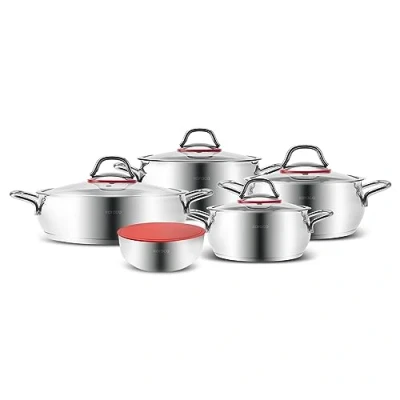 Image of Karaca Emirgan XL Stainless Steel Induction Cookware Set with Storage Container, 10 Piece, Silver Red