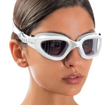 Image of AqtivAqua Swimming Goggles Adult and Kids 6 14 Men Women Swim Childrens Boys Girls DX S (All White frame, Silver case, Shade lens)