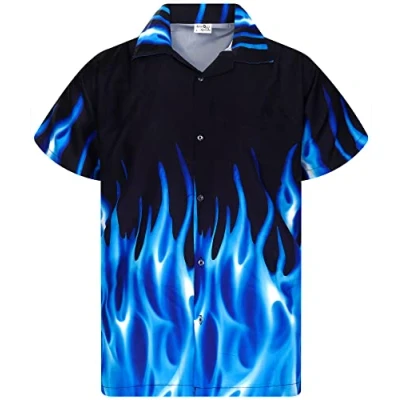 Image of King Kameha Funky Hawaiian Shirt, Men, Shortsleeve, Flames, Blue, 3XL