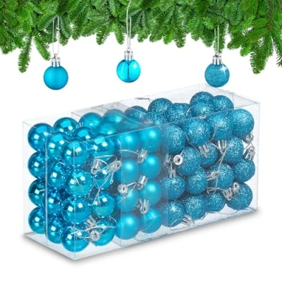 Image of Relaxdays Christmas Baubles Set of 96, Glittering, Matt and Sparkles, Plastic, Traditional Spheres, Decorations, Petrol, 4 x 3 cm