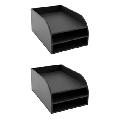 Image of OSCO Black Faux Leather Three Tier Letter Tray 2 Pack A4 Desk File Organiser Paper Storage Office Document Sorter Paperwork Filing No Assembly Required H17.5 x W25 D37.5 cm