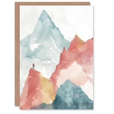 Image of Artery8 Greeting Card Mountain Climber Hiking Landscape Watercolour Blank For All Him Or Her Art Birthday