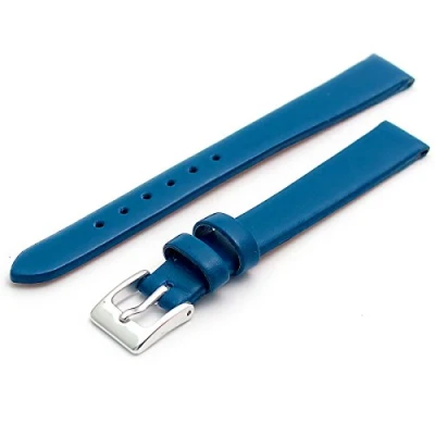 Image of Fine Calf Leather Watch Strap Band 14mm Mid Blue with Chrome (Silver Colour) Buckle. Free Spring Bars (Watch Pins)