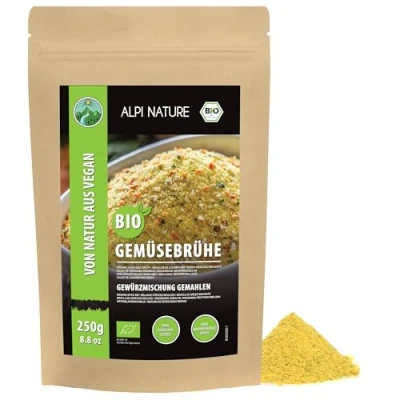 Image of organic vegetable broth seasoning mix, soup salt, 100% natural, ingredients, for bouillon, without artificial additives (250 GR (8.8oz))