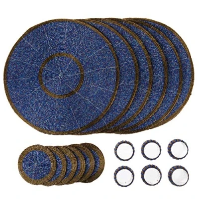 Image of Penguin Home Handcrafted Glass Beaded Round Placemats, Coasters &amp; Napkin Rings Set of 18 Handmade Table Place Mats for Dining 32 cm (13&quot;) Diameter (Blue and Antique)